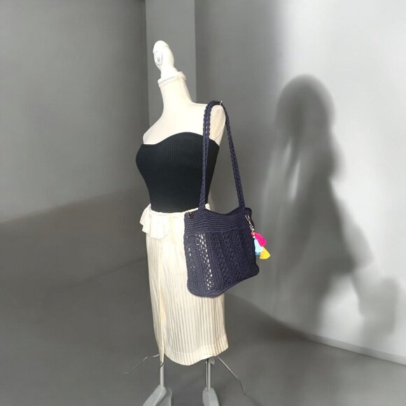 The Sak Purse Navy Crochet Overlay Gold Dual Handle Top Zip Tassel Shoulder Bag - Picture 2 of 9